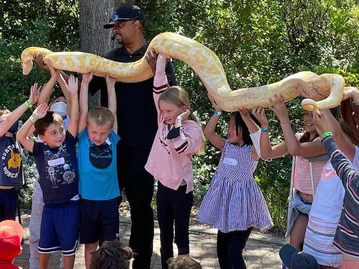 large snake being held up by several children