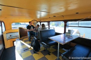 Eating grilled cheese on a double decker bus in Portland, OR