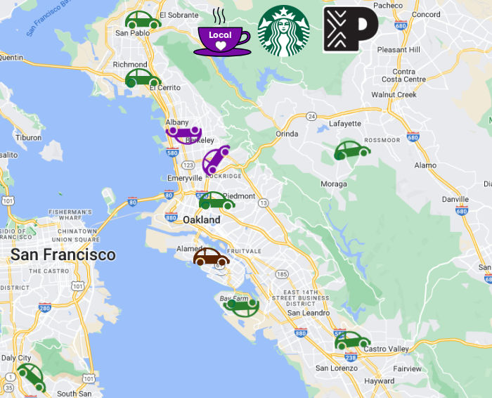 map of drive through coffee locations in the east bay including starbucks, peets, and independent local coffee shops