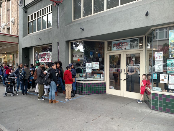 Lining up for FREE COMIC BOOK DAY in Berkeley