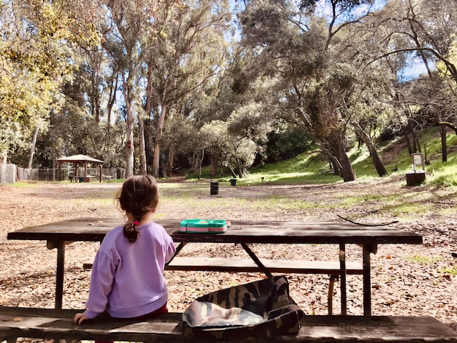 child sitting at lunch table outside eating lunch