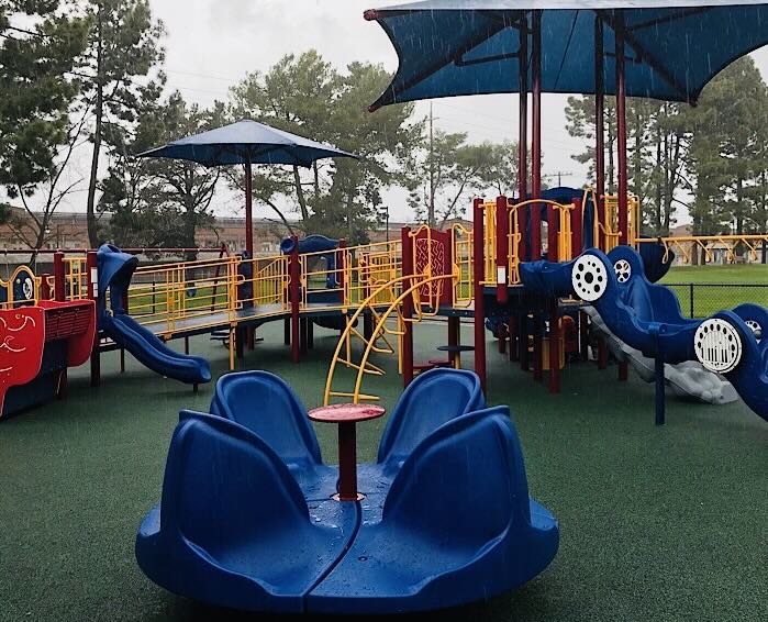 Littlejohn Playground structures in the pouring rain
