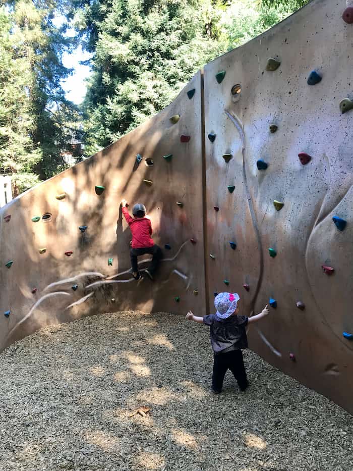 two young children climbing a climbing wall