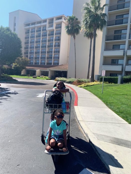 Kids on a luggage cart