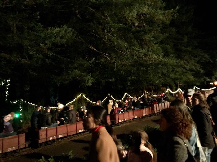 Steam train decorated for Christmas at night