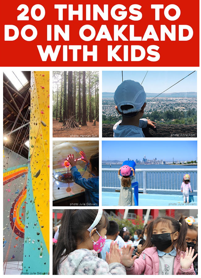 20 things to do in oakland with kids, pictured: oakland zoo gondola, middle harbor park, ousd playground, pacific pipe climbing gym, chabot space center, and reinhardt redwood regional