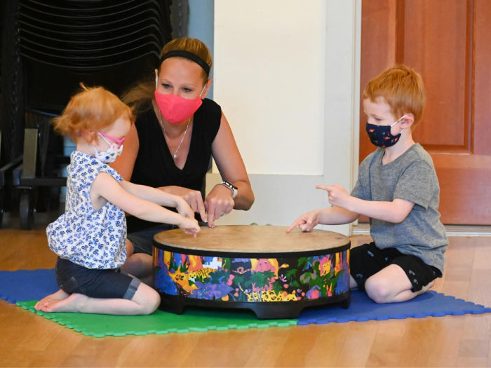 East Bay Music Together Outdoors, Online, & Indoor Masked 5 two kids masking and drumming