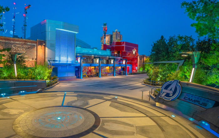 Disney California Adventure Park Avengers Campus at night