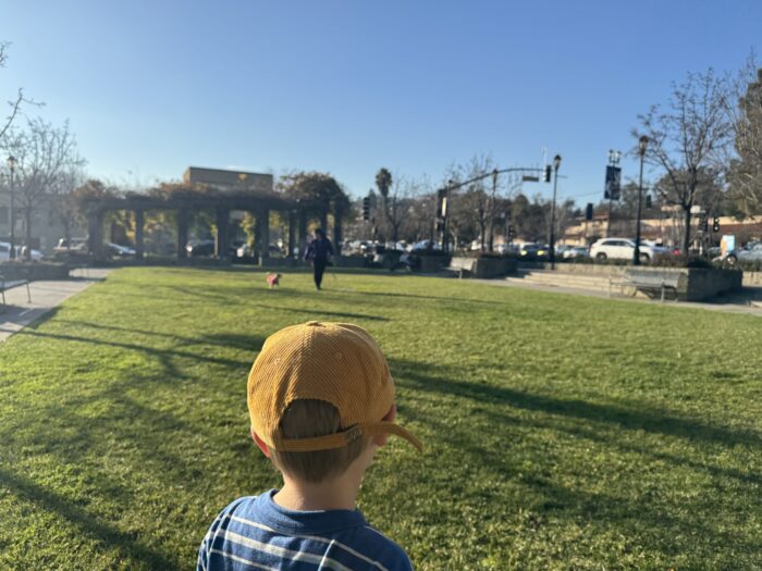 Child looking over a grassy area (Lafayette Plaza).