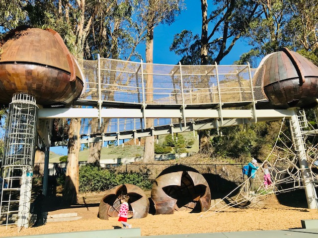 large play structure with rope bridge
