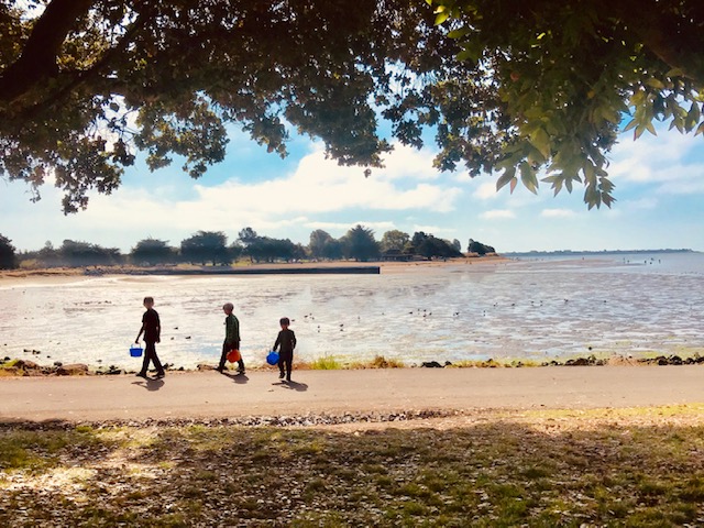 three children walking by beach
