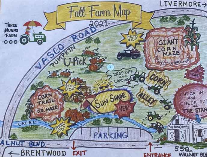 Three Nunns Pumpkin Patch Has Tractors, U-Pick & Massive Corn Mazes for Acres of Fun 2 Map of Three Nunns
