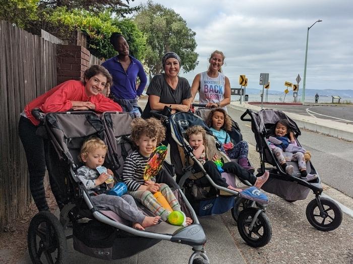 moms and jogging strollers along bay 