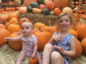Children picking pumpkins at pumpkin patch.