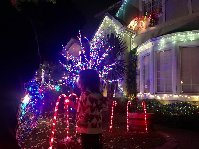 toddler looking at Christmas light display