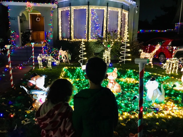 children looking at Christmas light display