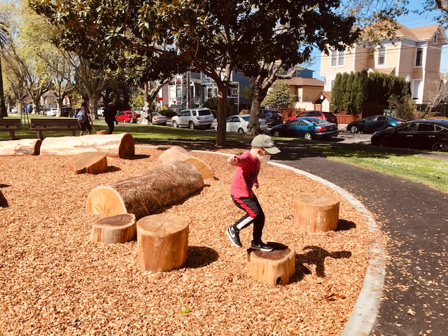 little kid jumping from tree stump to tree stump