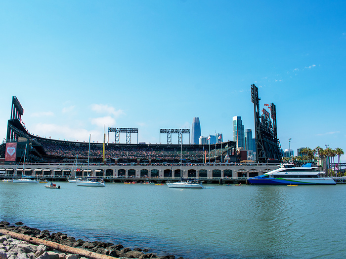 SF Bay water and Giants stadium at Oracle Park in San Francisco