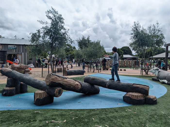 balancing on tree stumps at playground