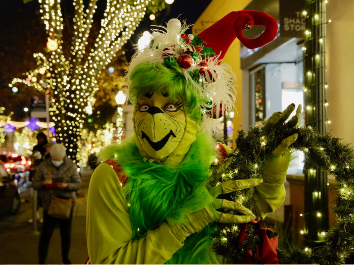 grinch at outdoor christmas event with holiday lights