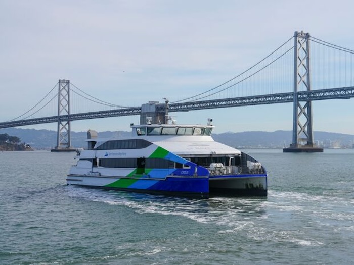 SF Bay Ferry on the San Francisco Bay with Bay Bridge in the background
