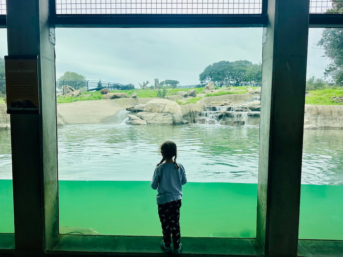 little girl standing in front of water tank 