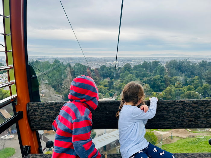 two kids looking out of gondola 