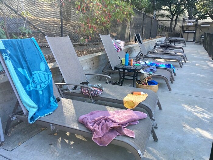 Lounge chairs on the deck at Castle Rock Pool
