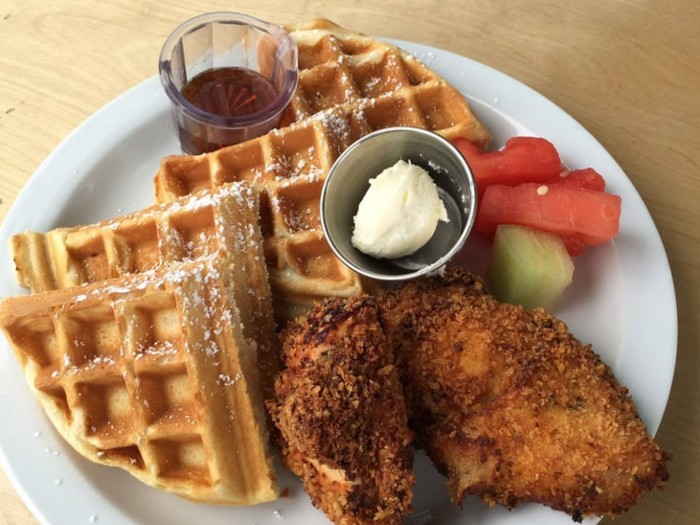 chicken and waffles from lama beans cafe in berkeley gilman district