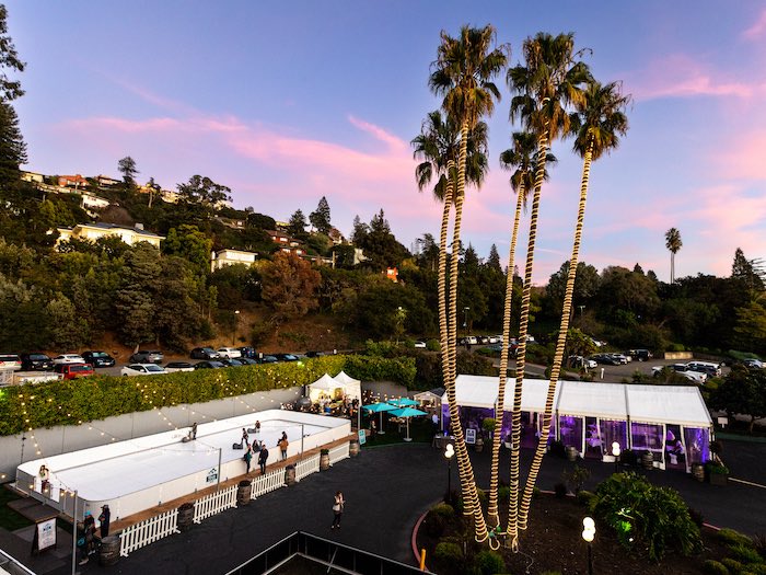 Claremont overhead view of glice rink and pizza ovens