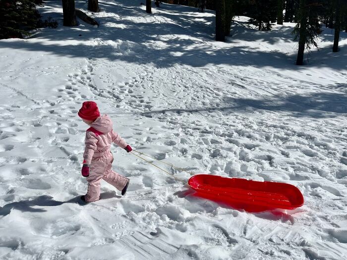 Child pulling red sled through the snow