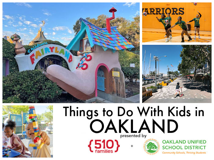 things to do in oakland with kids: fairyland entrance shoe, kids playing ball at school, kids looking at bay over the middle harbor shoreline park, and child in red coat