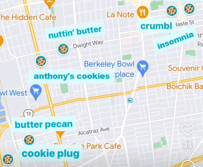 map of berkeley and emeryville with 6 cookie shops highlighted