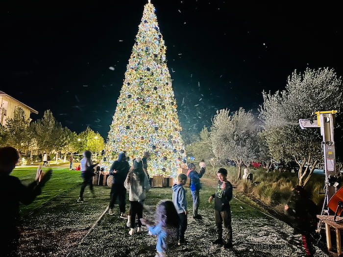 christmas tree at night with kids playing