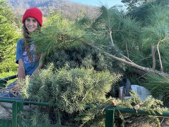 teen girl is surrounded by pine trees and branches
