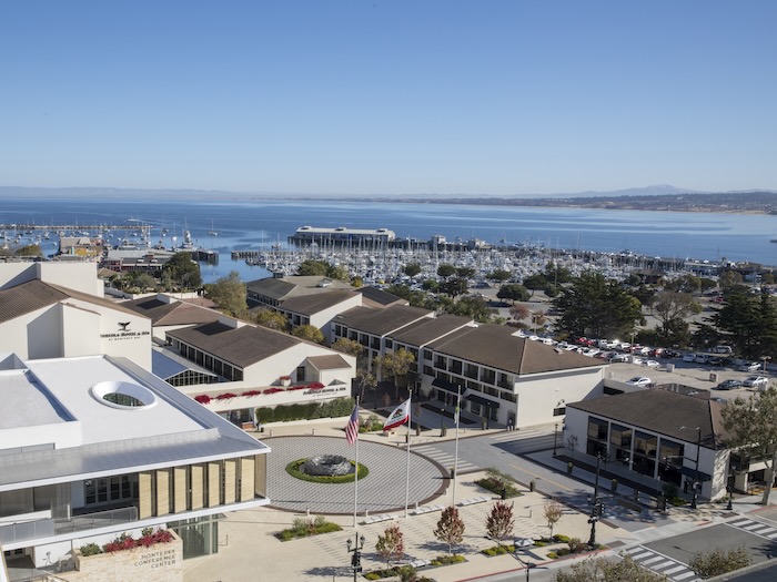 overhead view of Portola Hotel and proximity to Monterey Bay