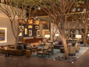 portola hotel and spa lobby with trees, chairs, and sparkle lights