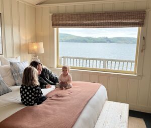 Nick's Cove Tomales Bay villa overlooking the water with mom and two kids