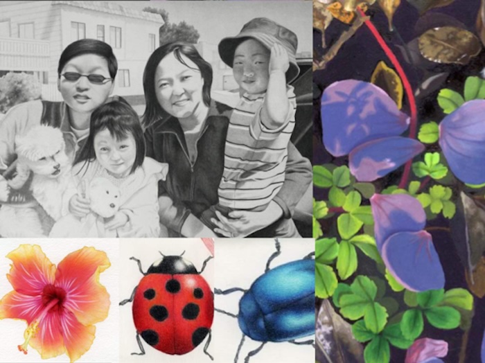 student art provided by cara goldstein, family portrait in b+w, colorful bugs and flowers