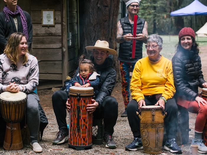 Mountain Magic Camp drum circle with mixed ages