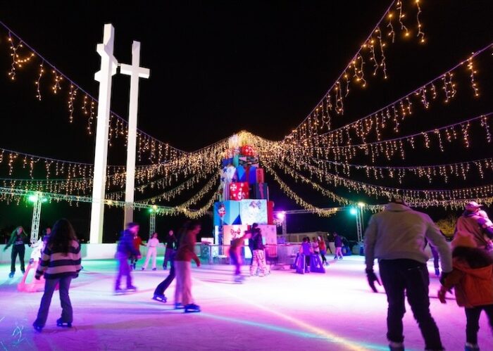 lit up ice skating rink for the christmas season