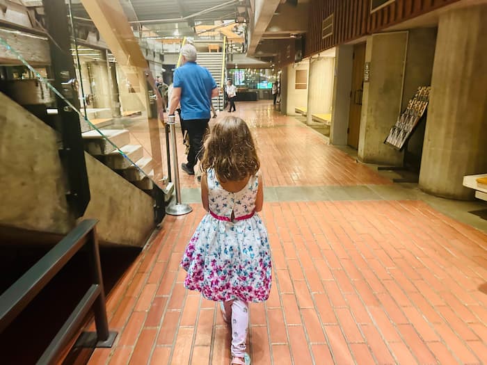 back of girl walking down hall in a dress