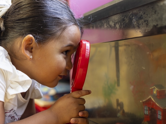 small child with magnifying glass looking in a fish tank