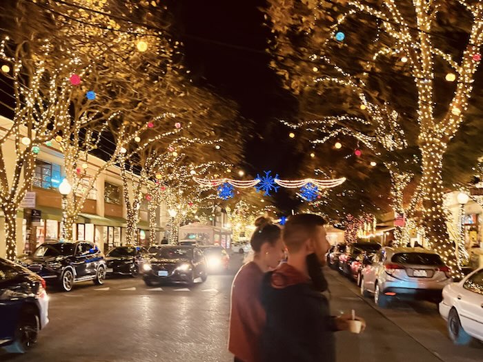 lights in the trees on fourth street in berkeley