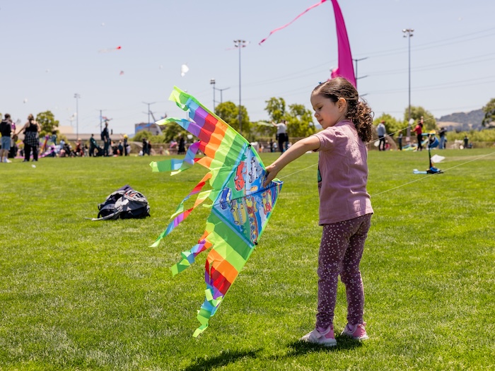child holding large kite