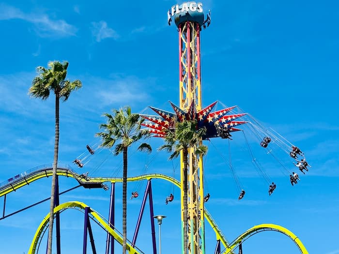 amusement park swing ride and palm trees
