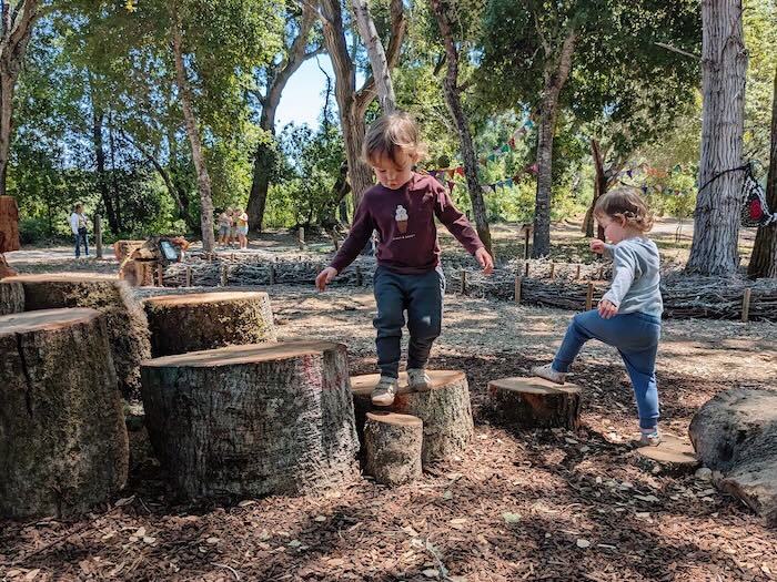 two kids on stumps