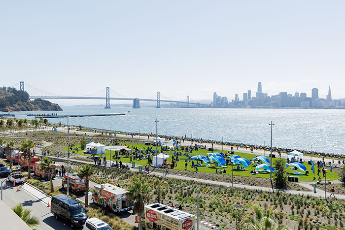 Treasure Island Cityside Park with food trucks lined up for off the grid