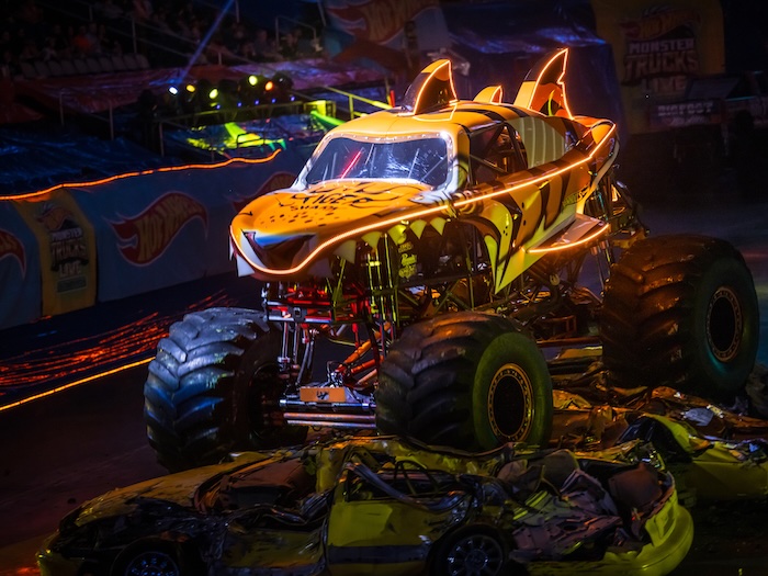 tiger shark monster truck is rolling over some cars