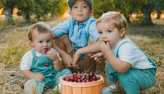 three young boys eating cherries from a basket
